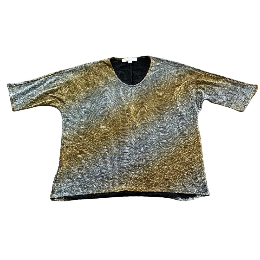 Badgley Mischka American Glamour Metallic Gold Silver Blouse SIZE L Shimmer Top
